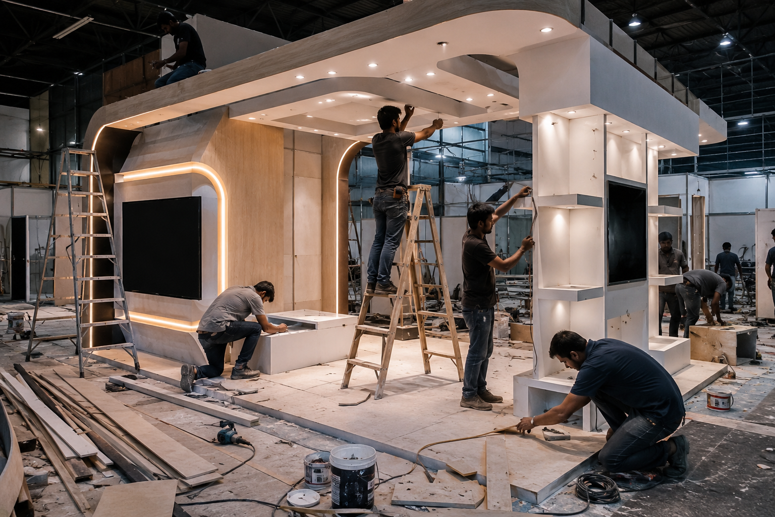 Exhibition stall fabricator team installing a custom booth at an exhibition venue